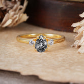 Classic Pear Cut Black Rutilated Quartz Three Stone Promise Ring Four Claw Prong Setting